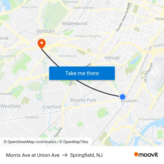 Morris Ave at Union Ave to Springfield, NJ map