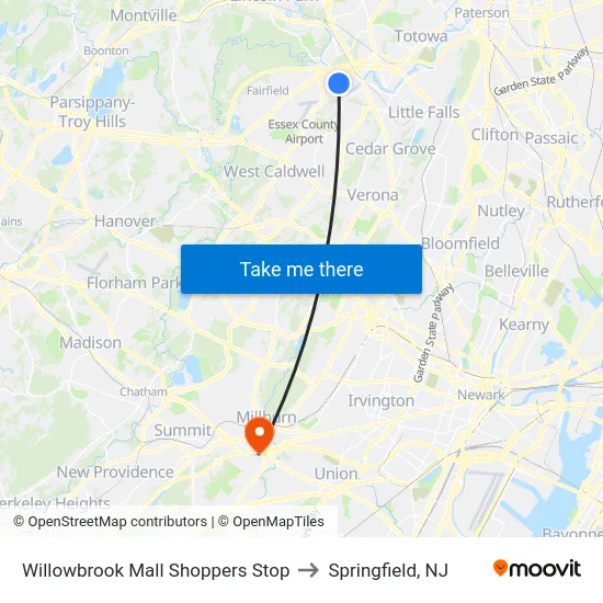 Willowbrook Mall Shoppers Stop to Springfield, NJ map