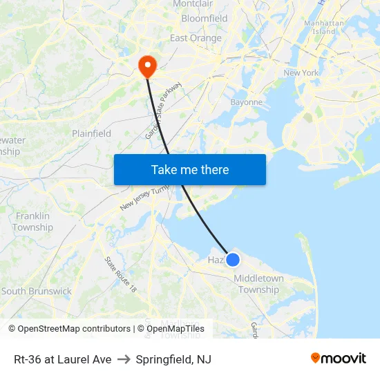Rt-36 at Laurel Ave to Springfield, NJ map