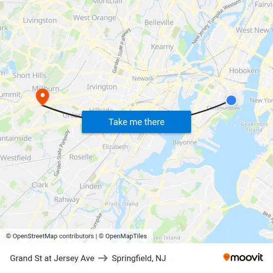Grand St at Jersey Ave to Springfield, NJ map