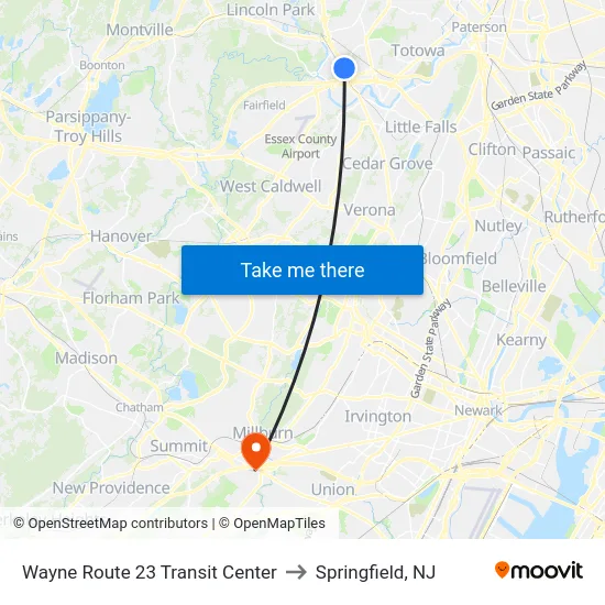 Wayne Route 23 Transit Center to Springfield, NJ map