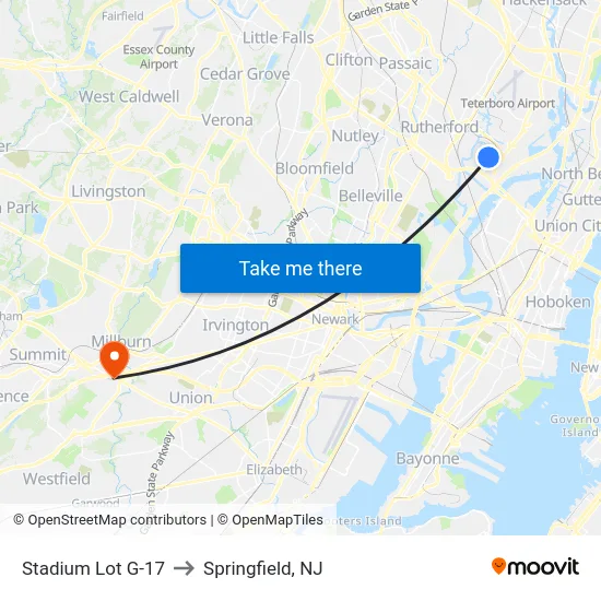 Stadium Lot G-17 to Springfield, NJ map