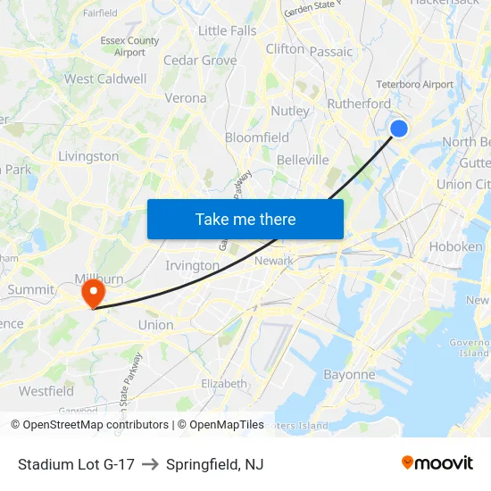 Stadium Lot G-17 to Springfield, NJ map