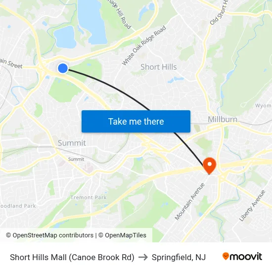 Short Hills Mall (Canoe Brook Rd) to Springfield, NJ map