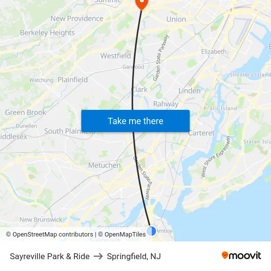 Sayreville Park & Ride to Springfield, NJ map