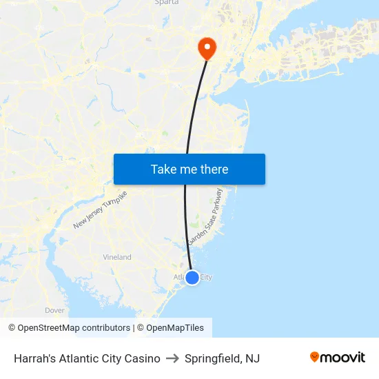 Harrah's Atlantic City Casino to Springfield, NJ map