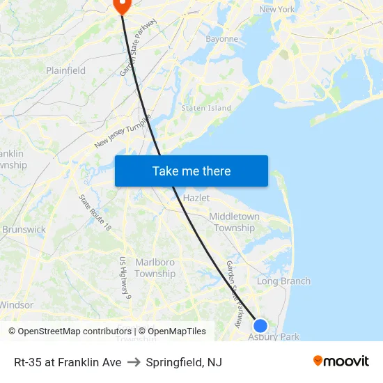 Rt-35 at Franklin Ave to Springfield, NJ map