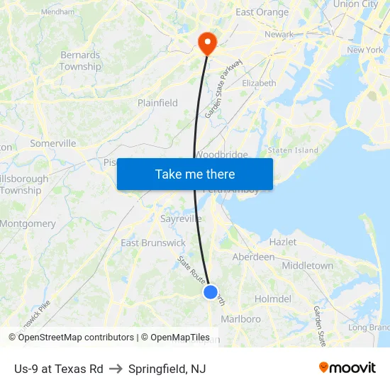 Us-9 at Texas Rd to Springfield, NJ map