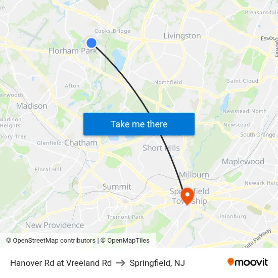 Hanover Rd at Vreeland Rd to Springfield, NJ map