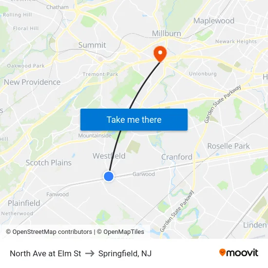 North Ave at Elm St to Springfield, NJ map