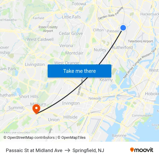 Passaic St at Midland Ave to Springfield, NJ map