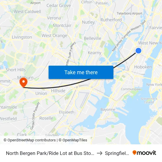 North Bergen Park/Ride Lot at Bus Stop Opposite T to Springfield, NJ map