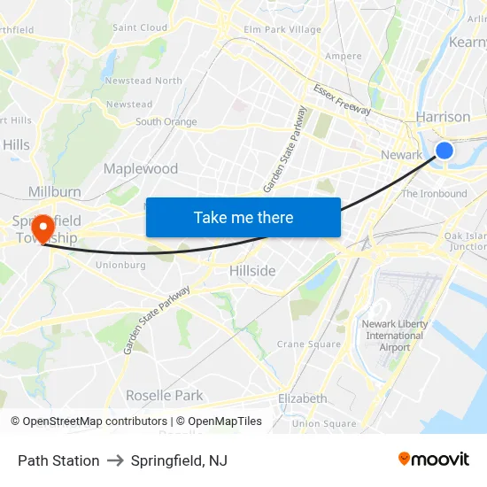 Path Station to Springfield, NJ map