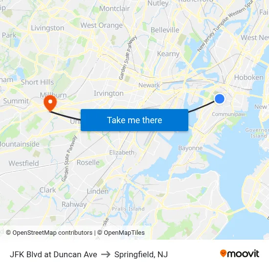 JFK Blvd at Duncan Ave to Springfield, NJ map