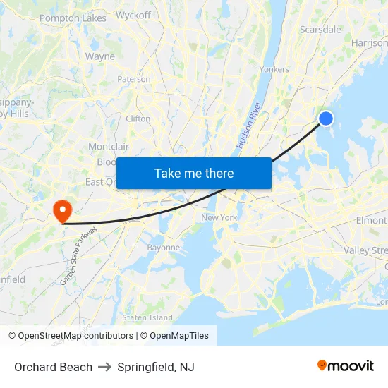 Orchard Beach to Springfield, NJ map