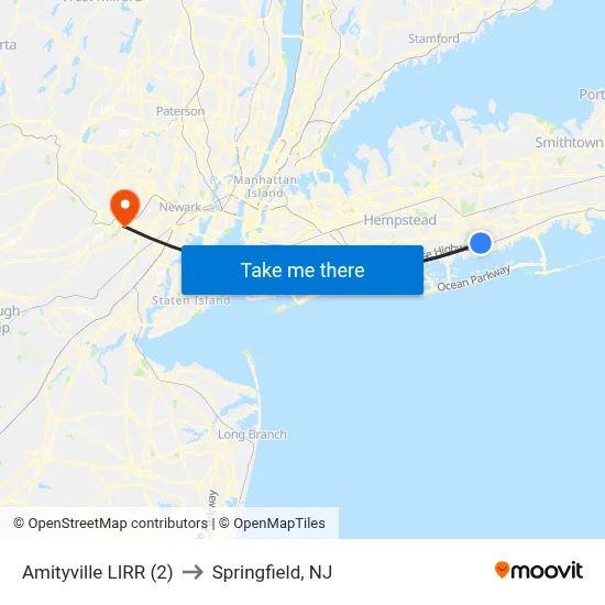 Amityville LIRR (2) to Springfield, NJ map