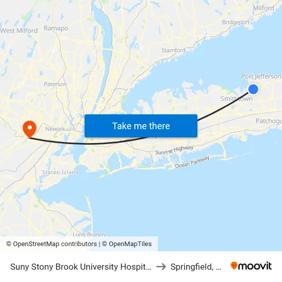 Suny Stony Brook University Hospital to Springfield, NJ map