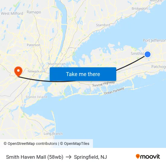 Smith Haven Mall (58wb) to Springfield, NJ map