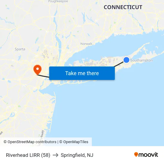 Riverhead LIRR (58) to Springfield, NJ map