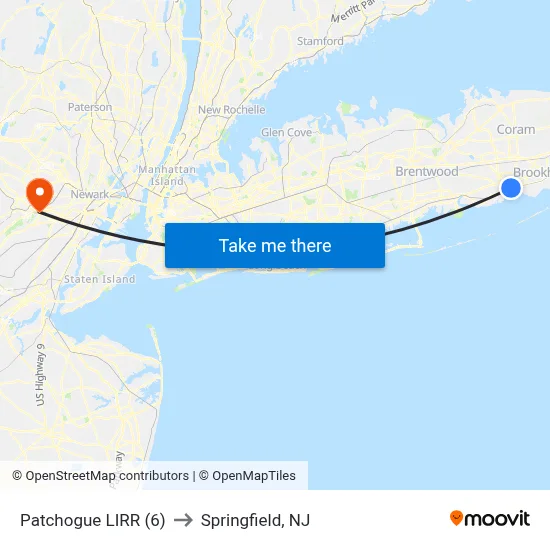 Patchogue LIRR (6) to Springfield, NJ map