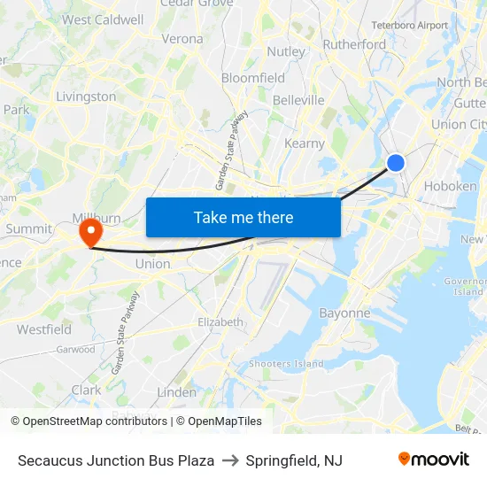 Secaucus Junction Bus Plaza to Springfield, NJ map