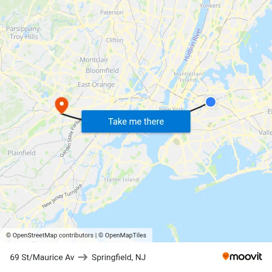 69 St/Maurice Av to Springfield, NJ map