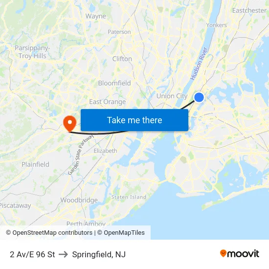 2 Av/E 96 St to Springfield, NJ map