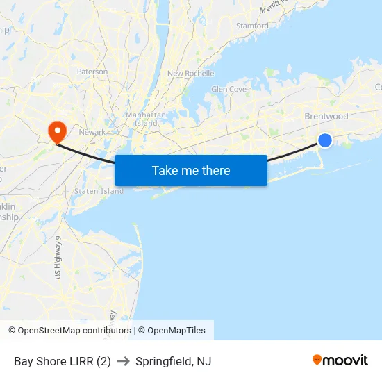 Bay Shore LIRR (2) to Springfield, NJ map