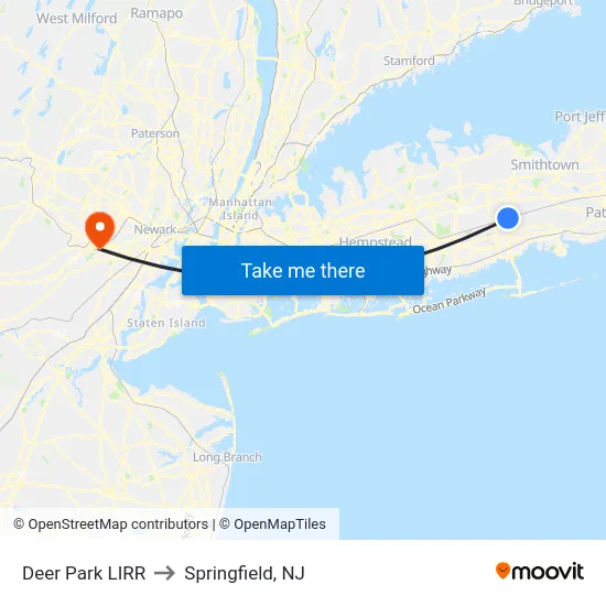 Deer Park LIRR to Springfield, NJ map
