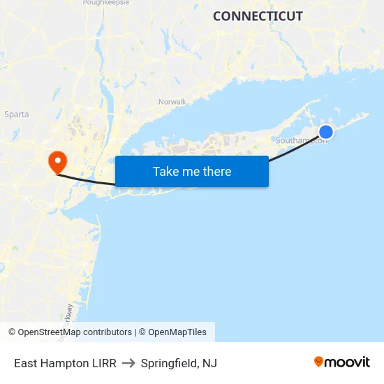 East Hampton LIRR to Springfield, NJ map