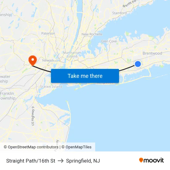 Straight Path/16th St to Springfield, NJ map