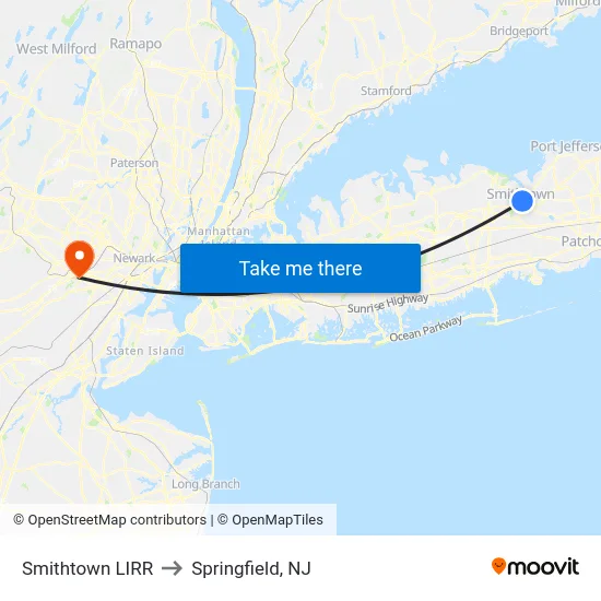 Smithtown LIRR to Springfield, NJ map