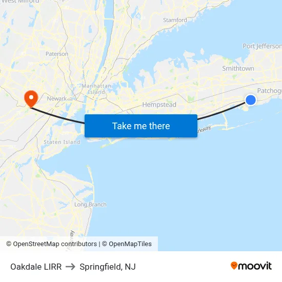 Oakdale LIRR to Springfield, NJ map
