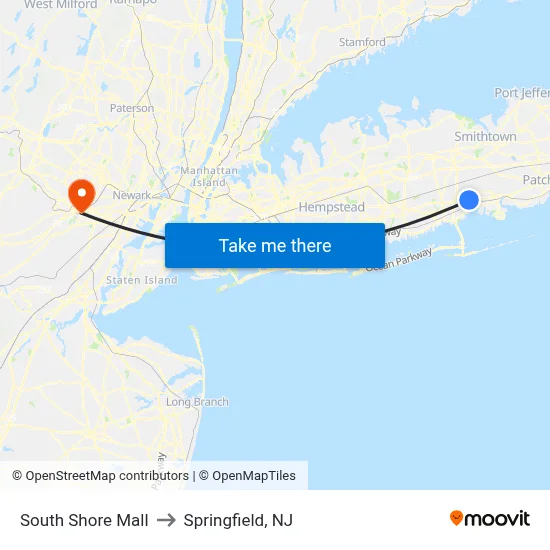 South Shore Mall to Springfield, NJ map