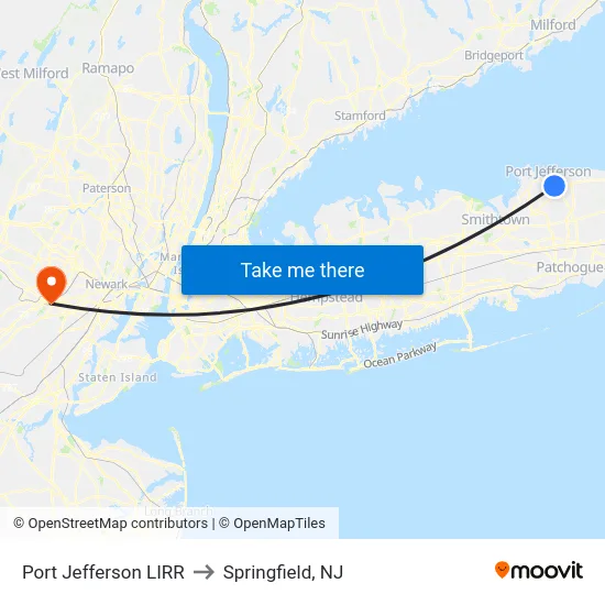 Port Jefferson LIRR to Springfield, NJ map