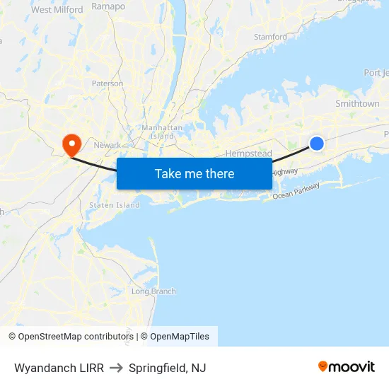 Wyandanch LIRR to Springfield, NJ map