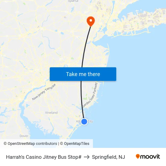Harrah's Casino Jitney Bus Stop# to Springfield, NJ map