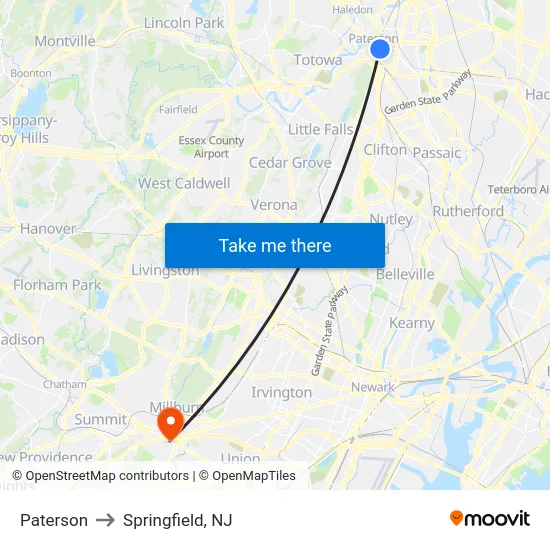 Paterson to Springfield, NJ map