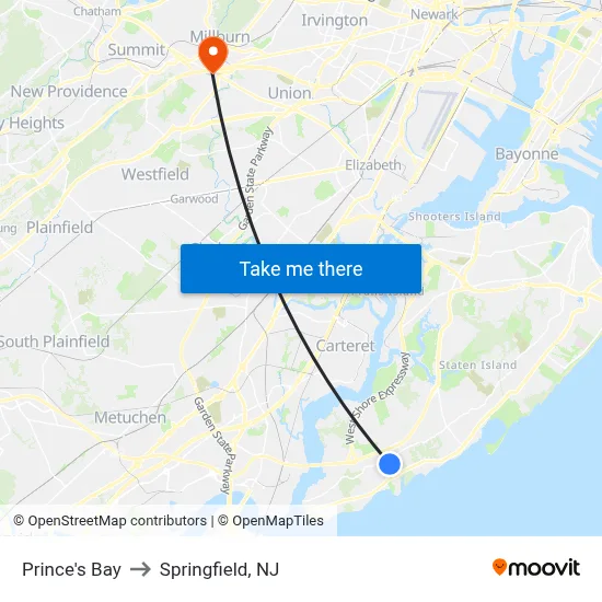 Prince's Bay to Springfield, NJ map