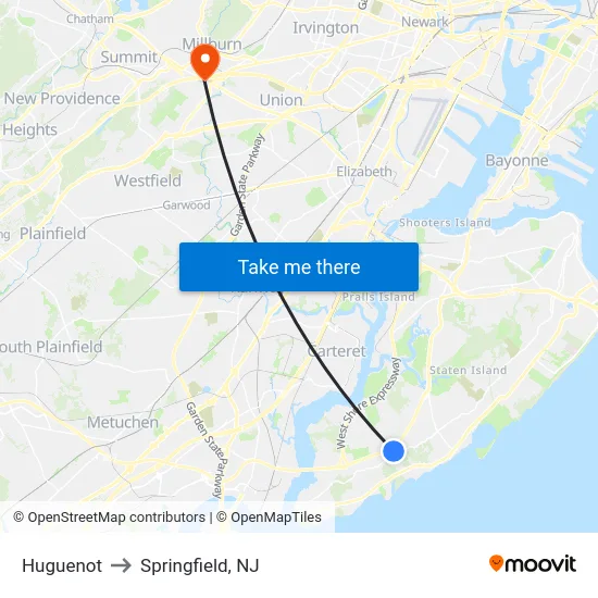 Huguenot to Springfield, NJ map