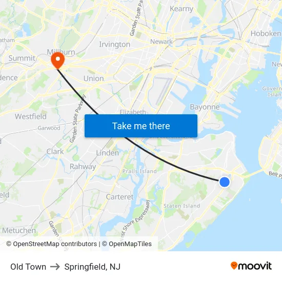Old Town to Springfield, NJ map