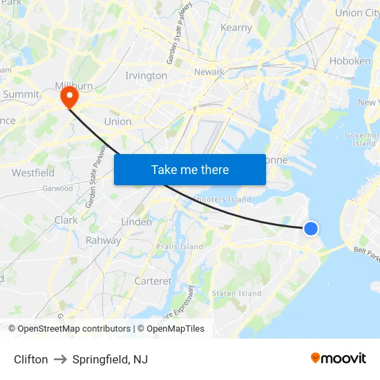 Clifton to Springfield, NJ map