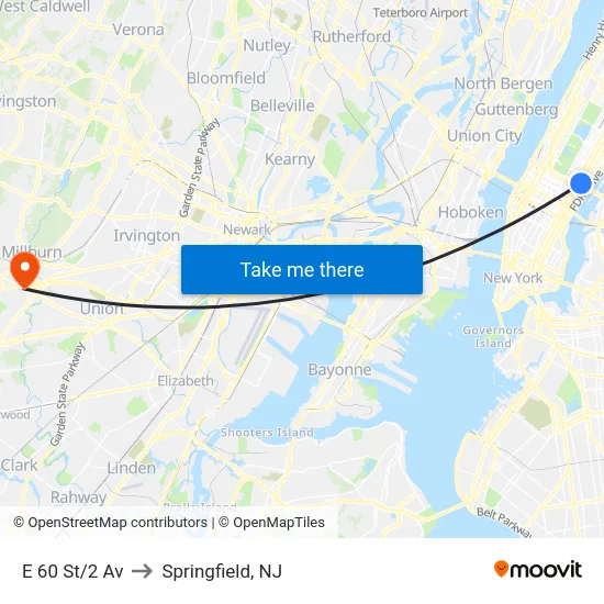 E 60 St/2 Av to Springfield, NJ map
