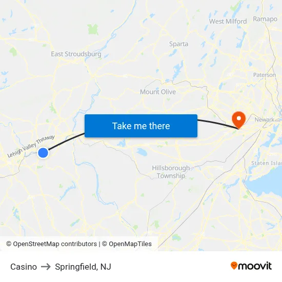 Casino to Springfield, NJ map