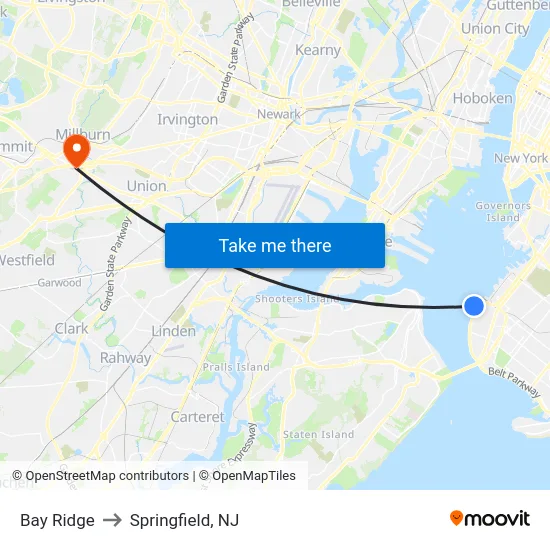 Bay Ridge to Springfield, NJ map