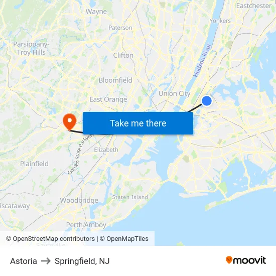 Astoria to Springfield, NJ map