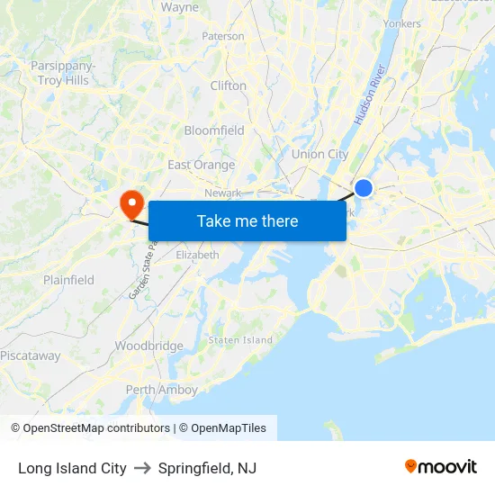 Long Island City to Springfield, NJ map