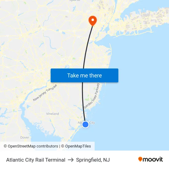 Atlantic City Rail Terminal to Springfield, NJ map