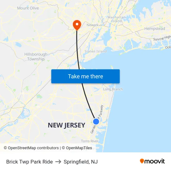 Brick Twp Park Ride to Springfield, NJ map