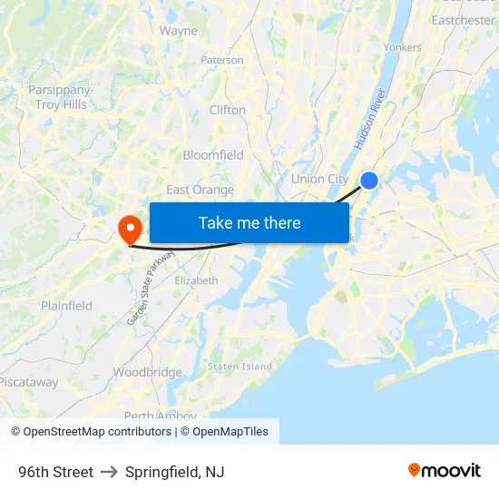 96th Street to Springfield, NJ map